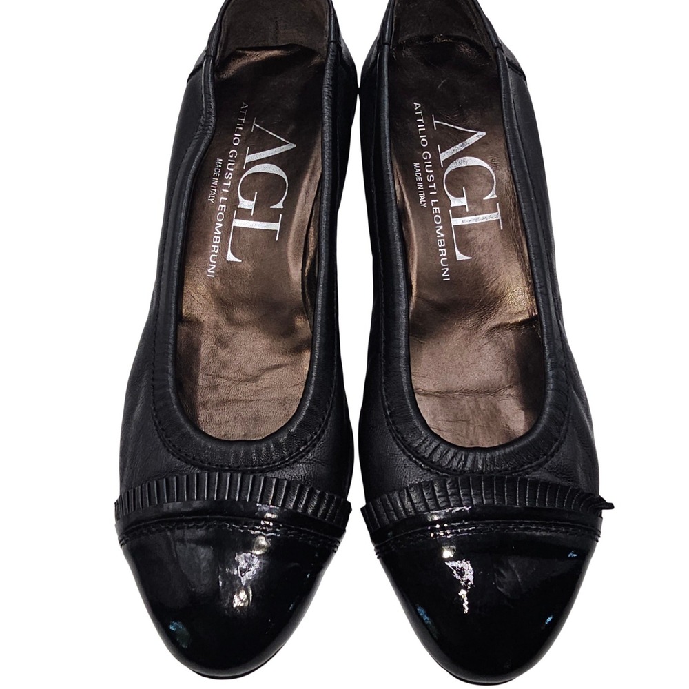 AGL Attilio Giusti Leombruni Black‎ Leather Patent Cap Toe Pumps EU 37.5/US 7.5